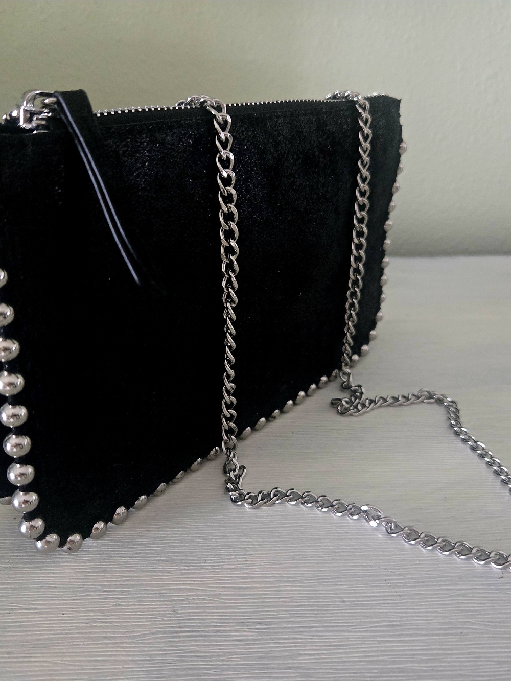 Zara Black Suede Crossbody with Silver Chain & Stud Trim